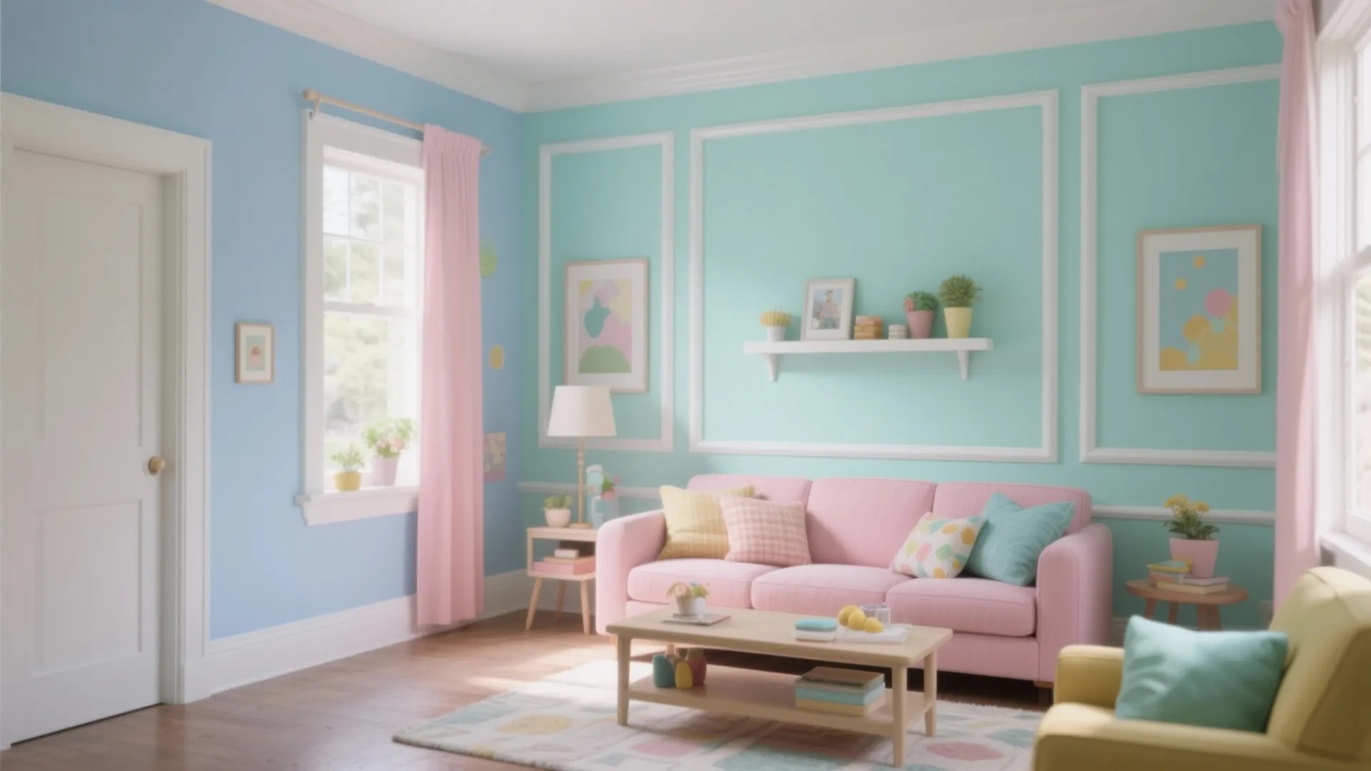 Pastel living room with pink sofa light blue walls pink curtains and wooden center table