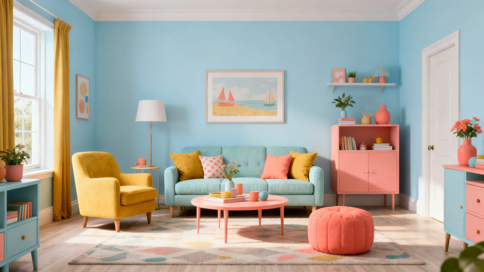 Playful pastel living room with light blue walls and mustard and coral accents on classic furniture.