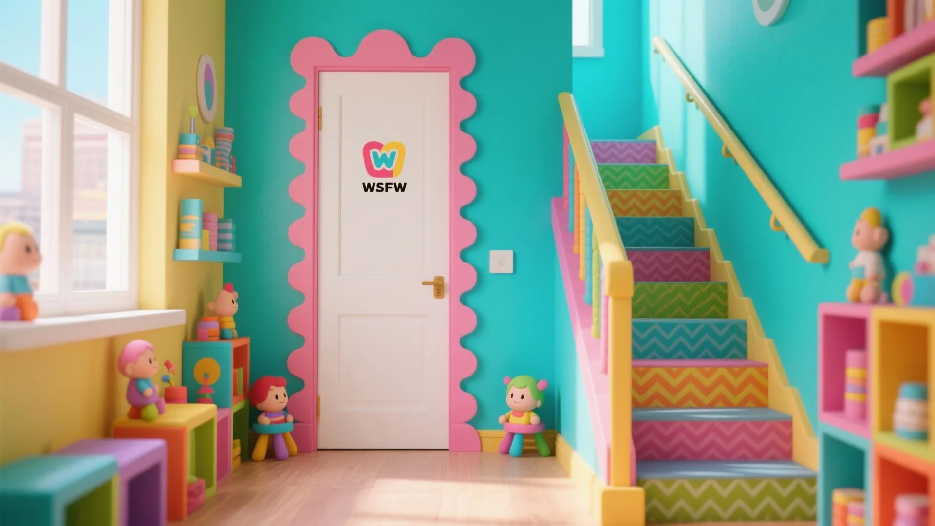 Colorful staircase and door frames with playful alternating trim colors and scallop patterns, high-impact and energetic.