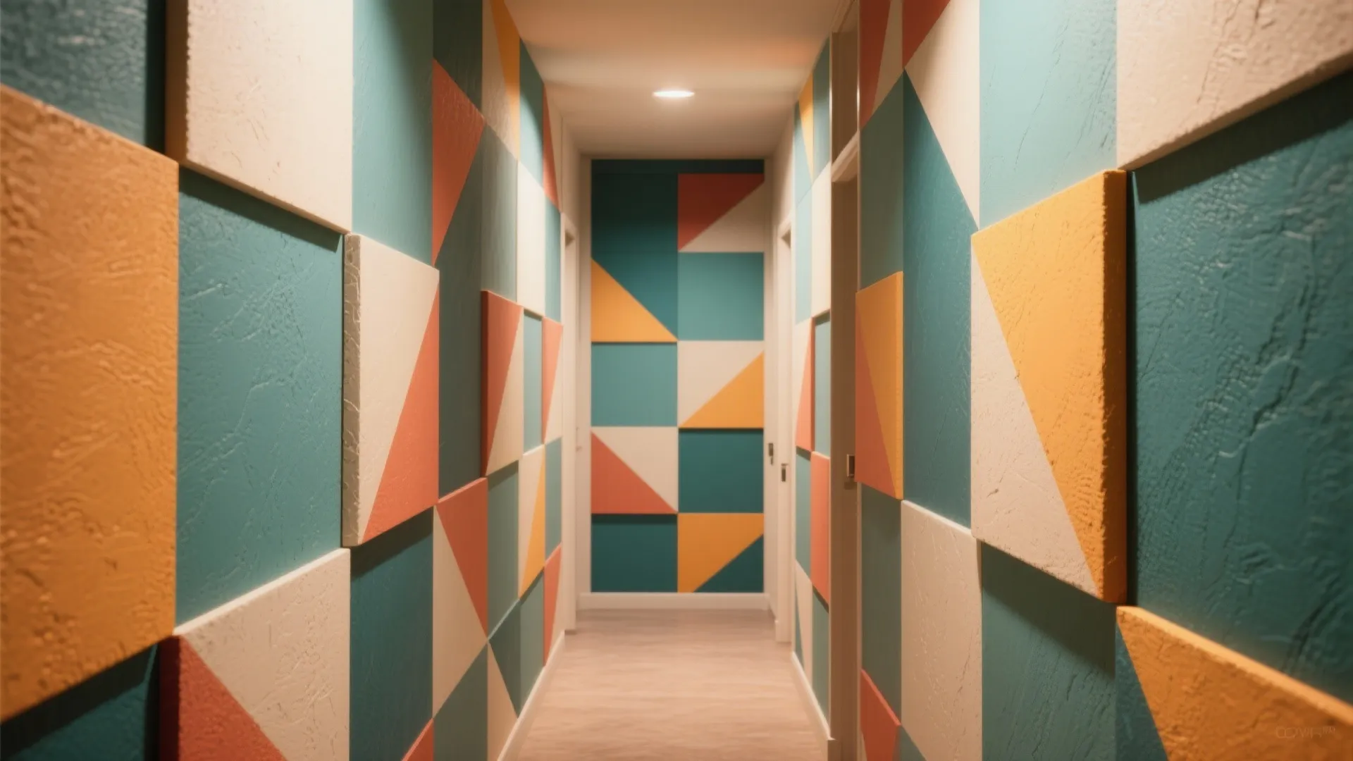 Long narrow hallway featuring colorful geometric wall panels in orange blue white and yellow tones