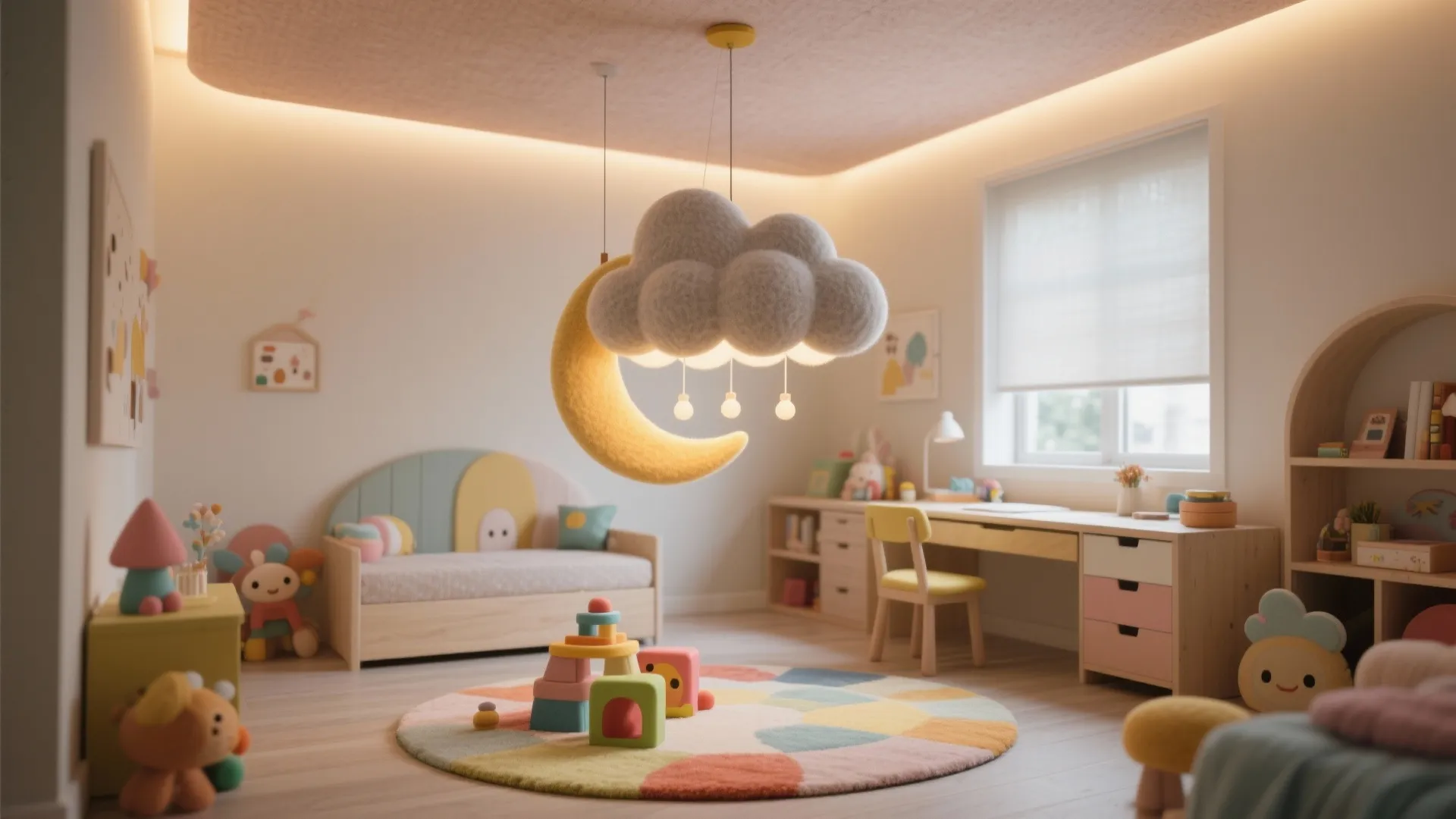 Playful children room featuring a cloud and moon ceiling light with colorful toys and desk