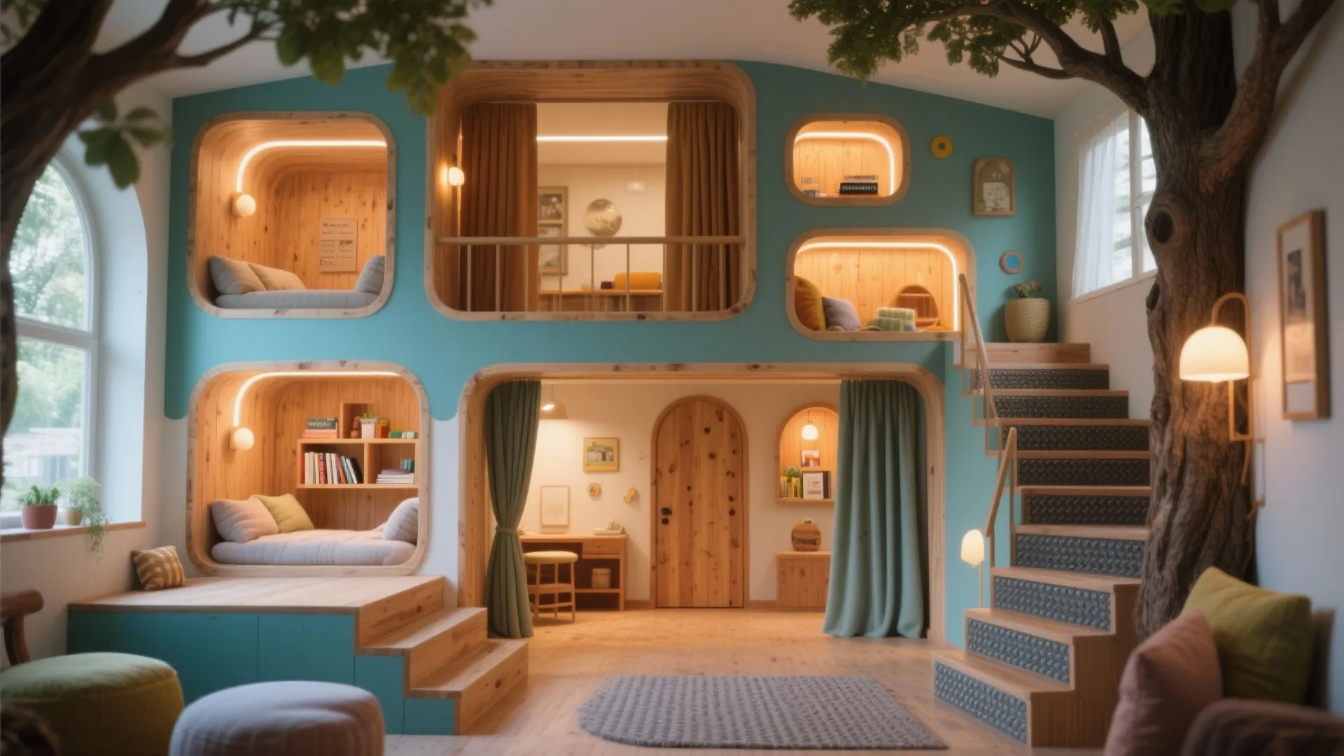 5. Playful Platform with Nooks and Lighting