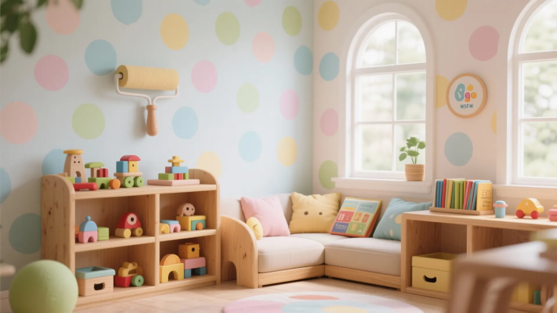 Children’s corner with pastel polka dot roller pattern walls
