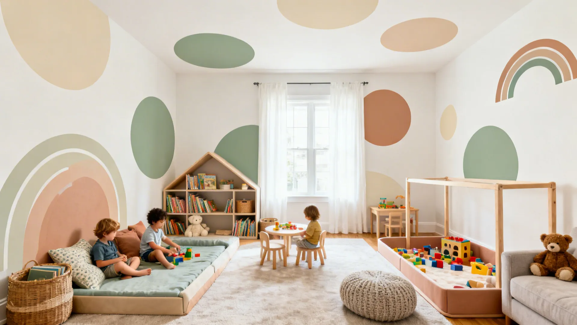 Small living room with muted circular and arc decals creating a flexible, family-friendly accent wall.