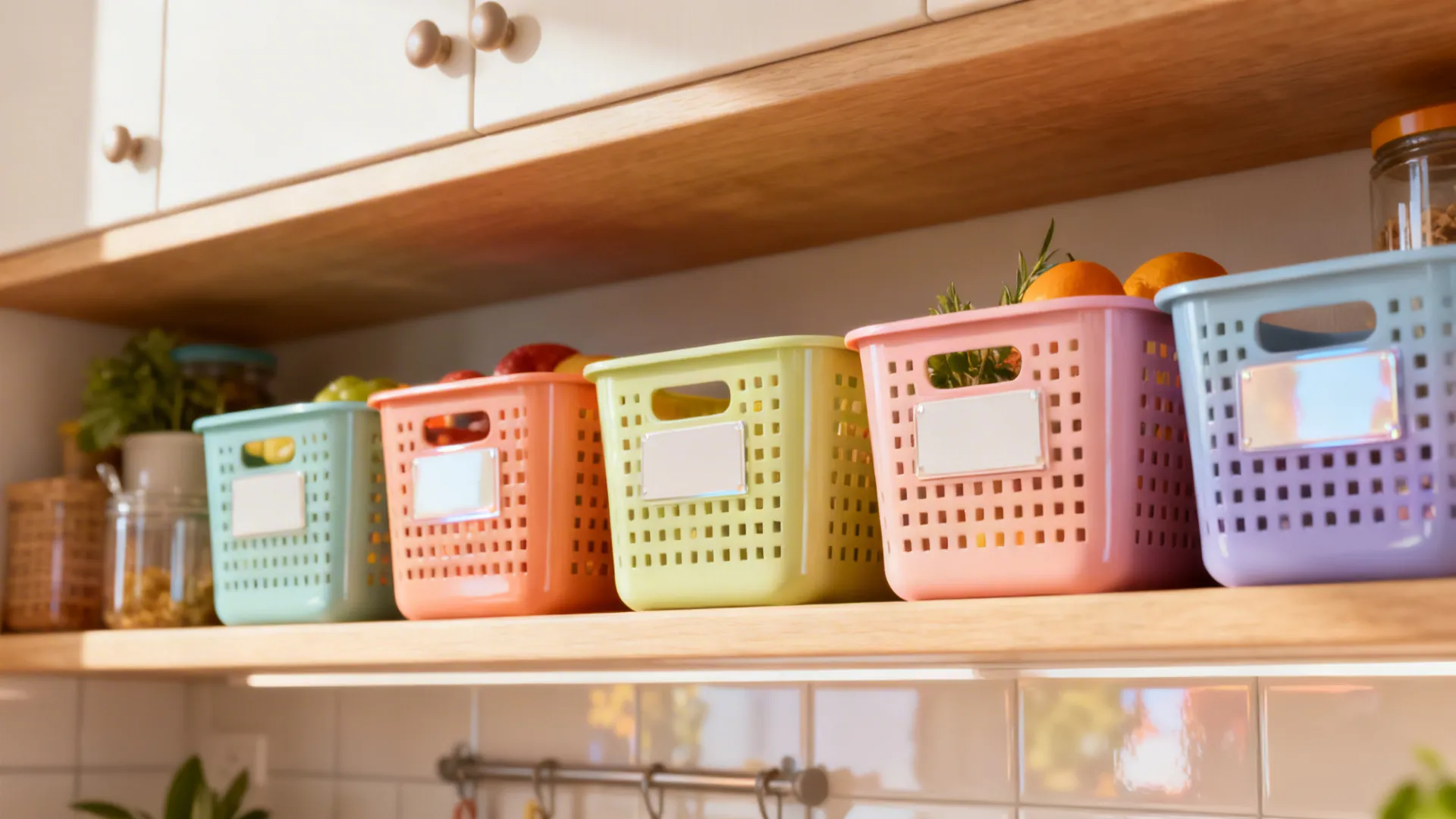 Color-led small baskets on a compact kitchen shelf with a cheerful, refined look.