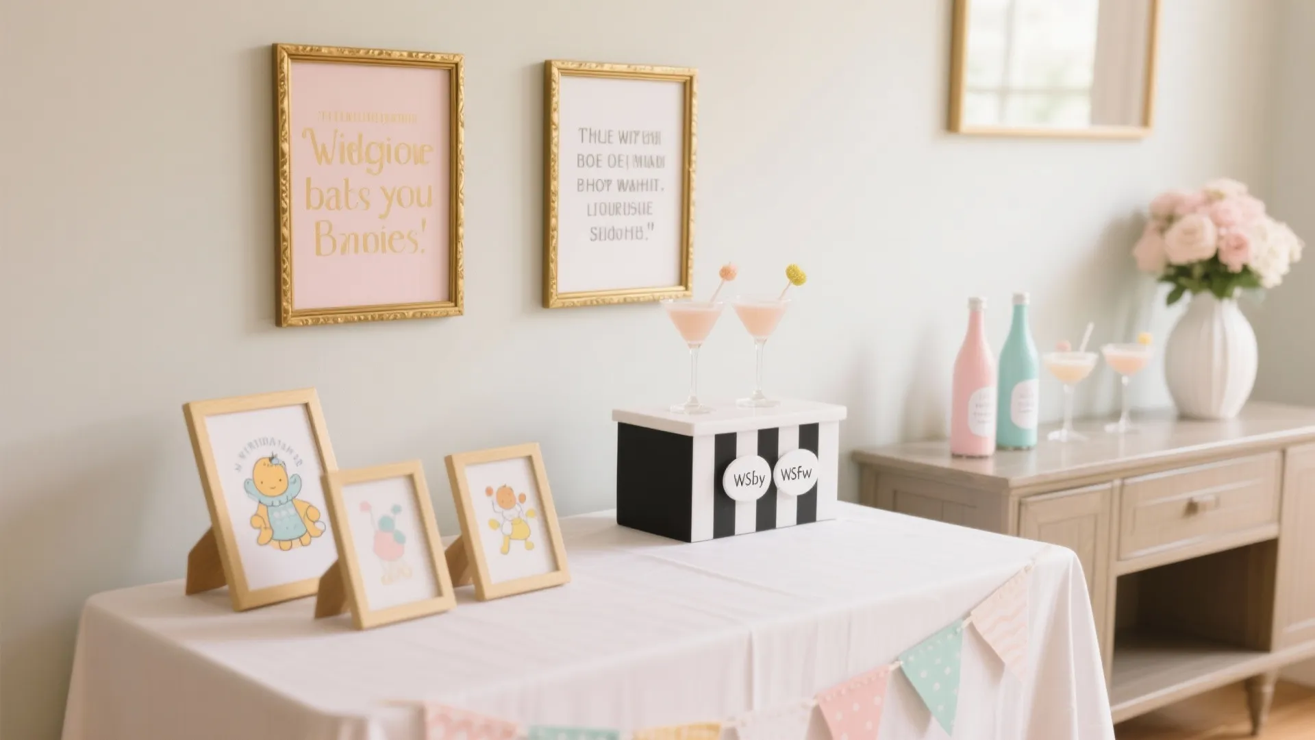 Party table with pink framed signs small pictures drinks bottles flower vase and colorful flags