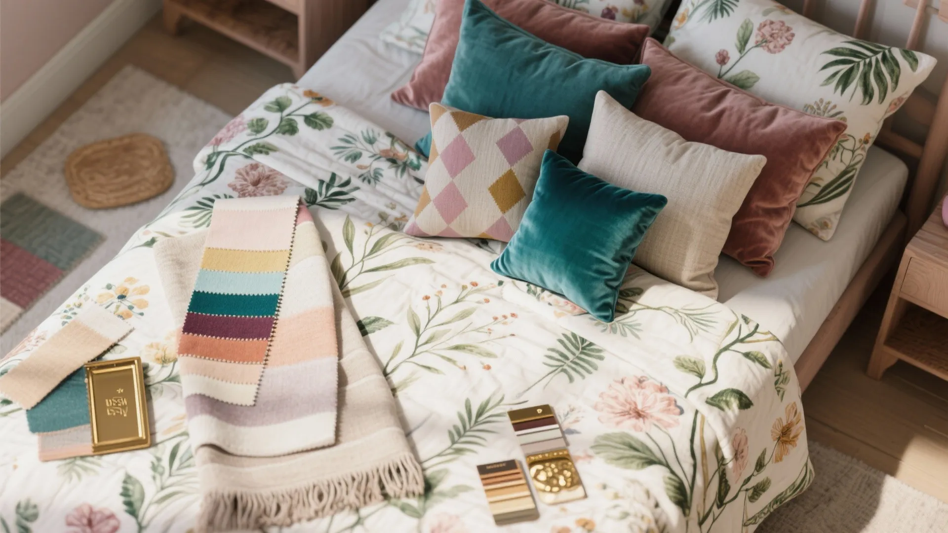 Comfortable bed with floral pattern sheets plus colorful pillows and striped throw with fabric samples