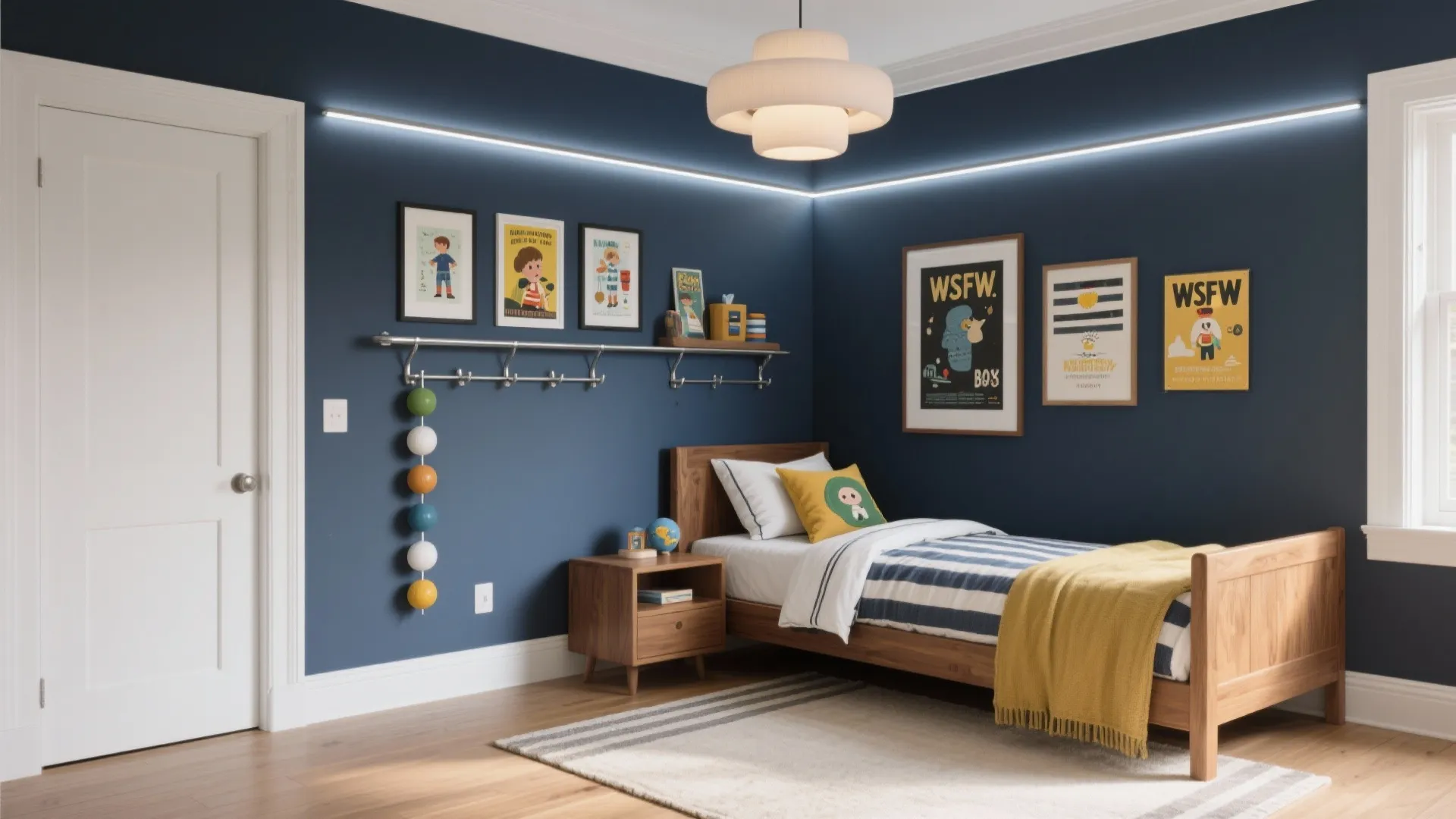 Blue kids bedroom featuring wooden bed frame, striped bedding, wall posters, and modern white ceiling light