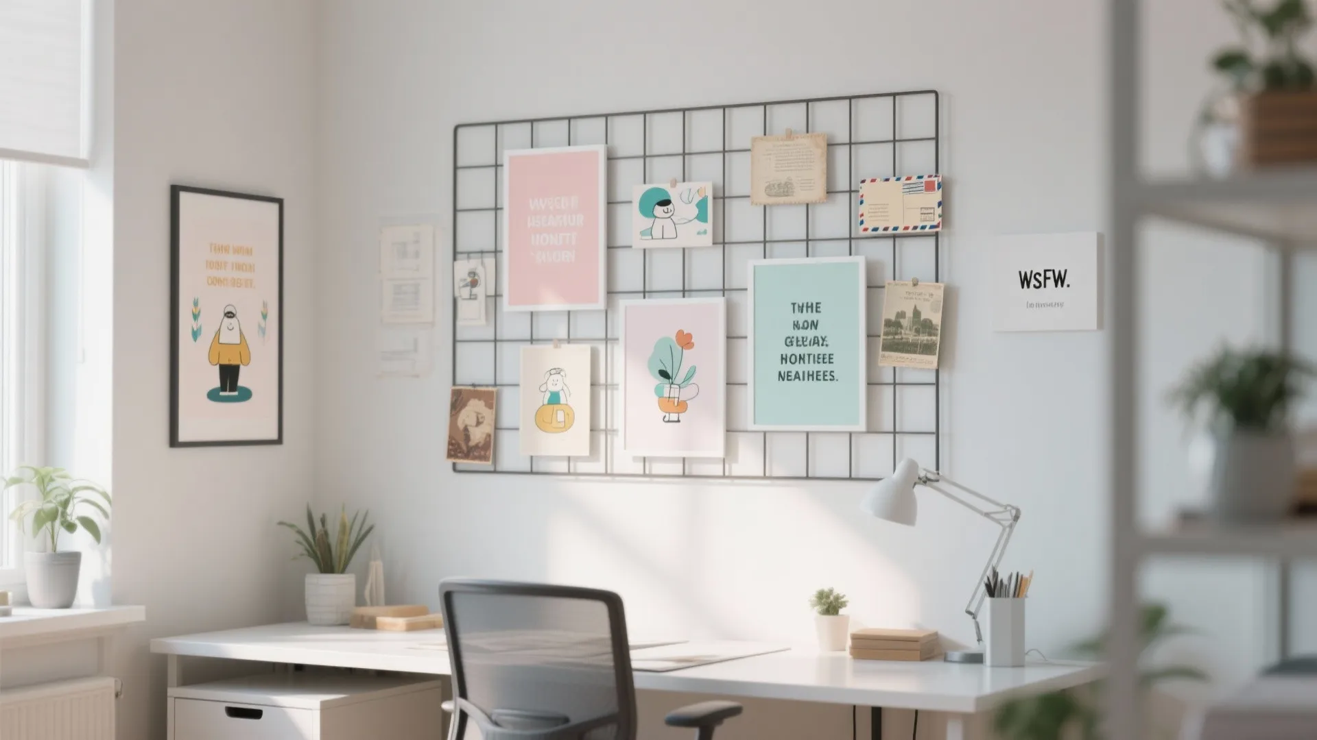 Work space featuring a wire wall grid with colorful art prints and a desk lamp