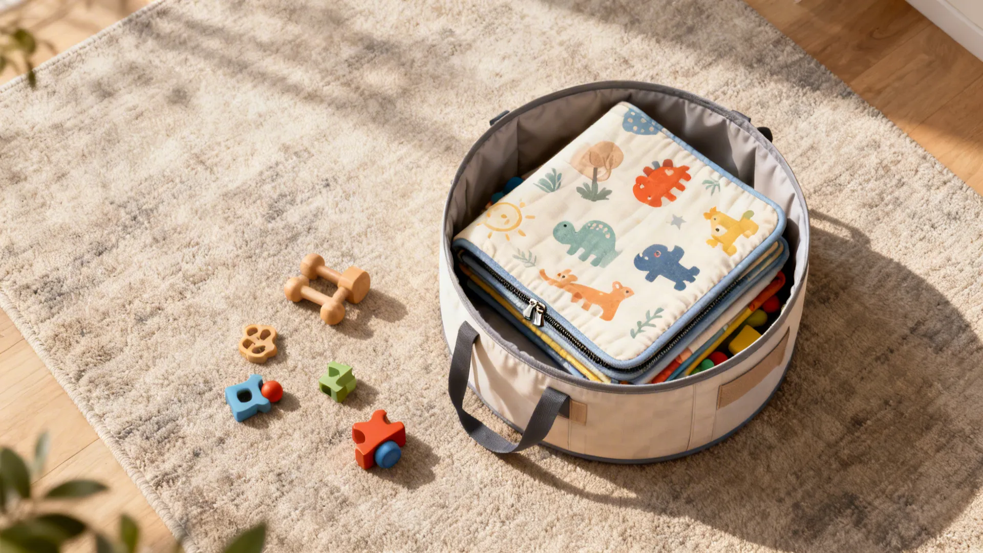 Foldable play mat zipped into a carry bag with lightweight toys nearby.