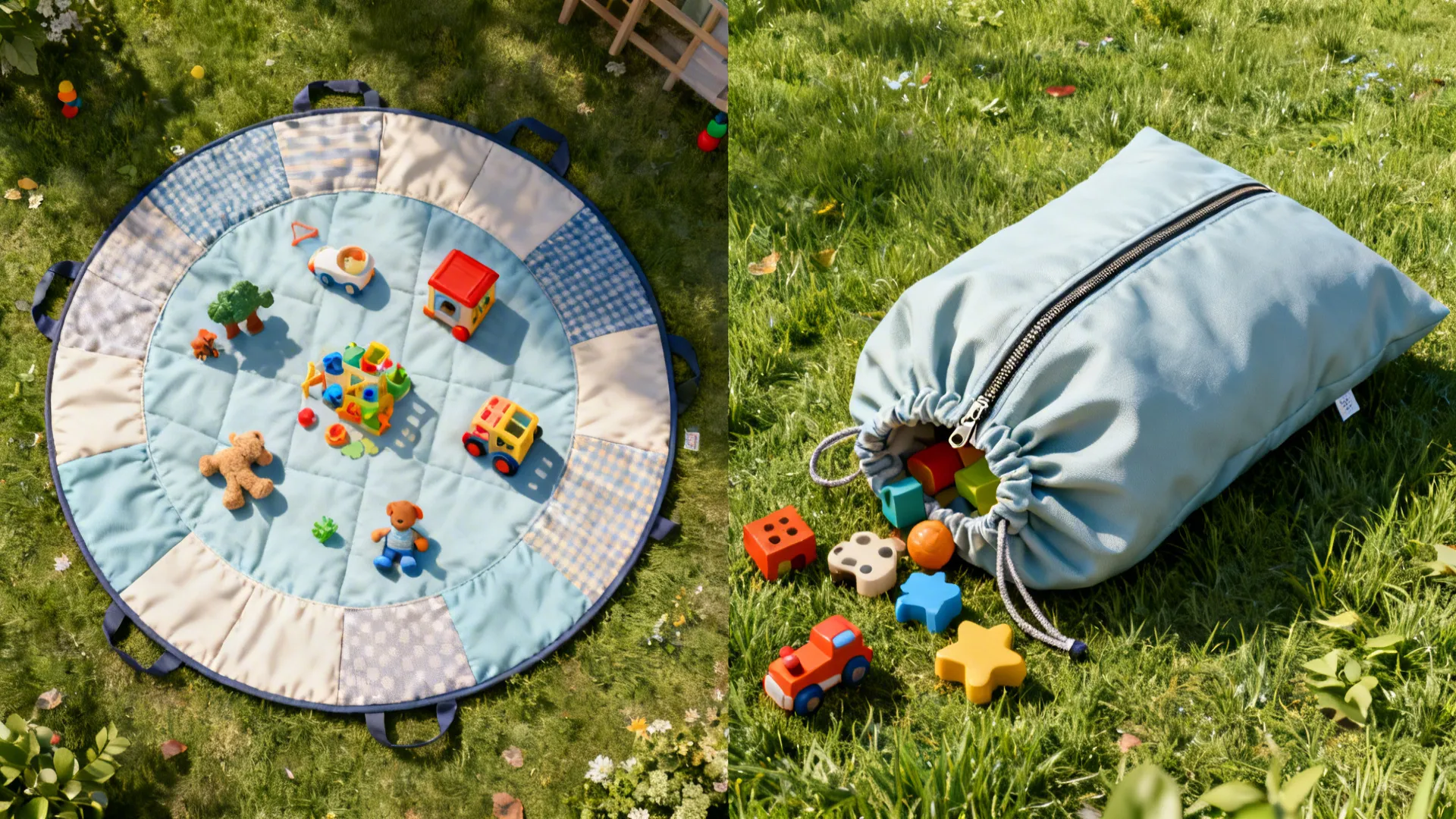 Fold-away play mat shown spread for play and zipped into a sack for storage.