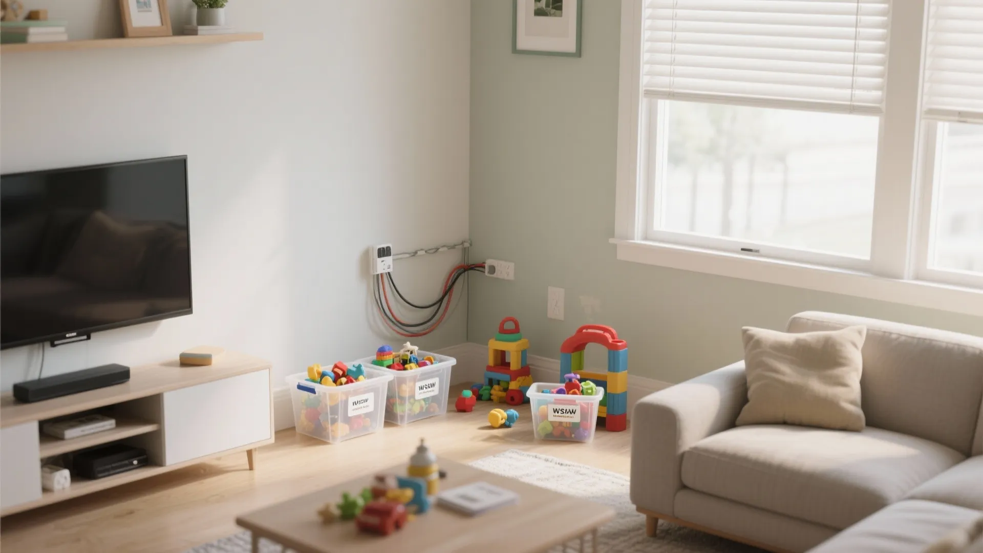 Living room corner featuring plastic toy storage bins near a television cabinet and comfortable sofa