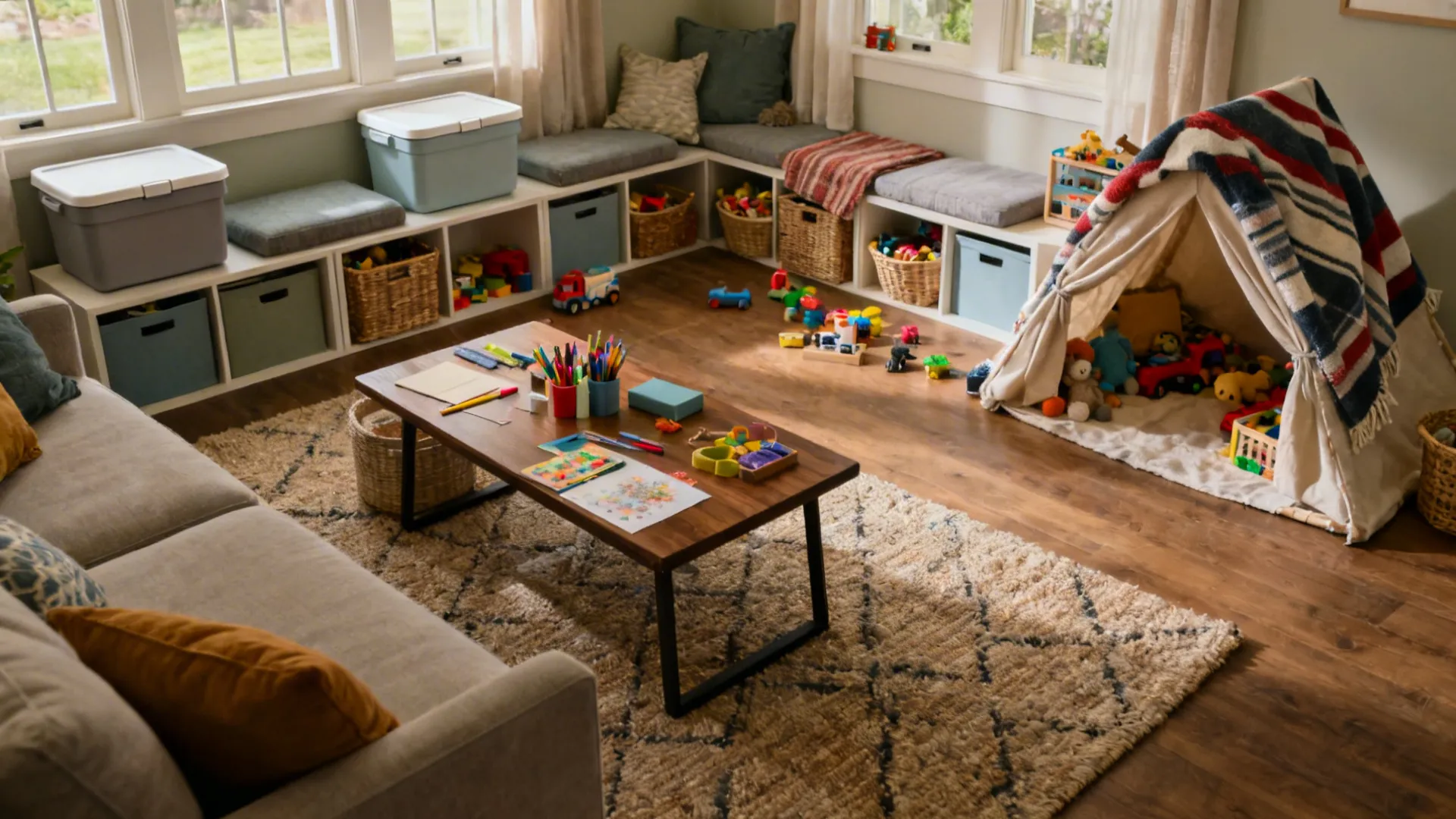 Living room play zone with low shelving, bins, and a child-built fort