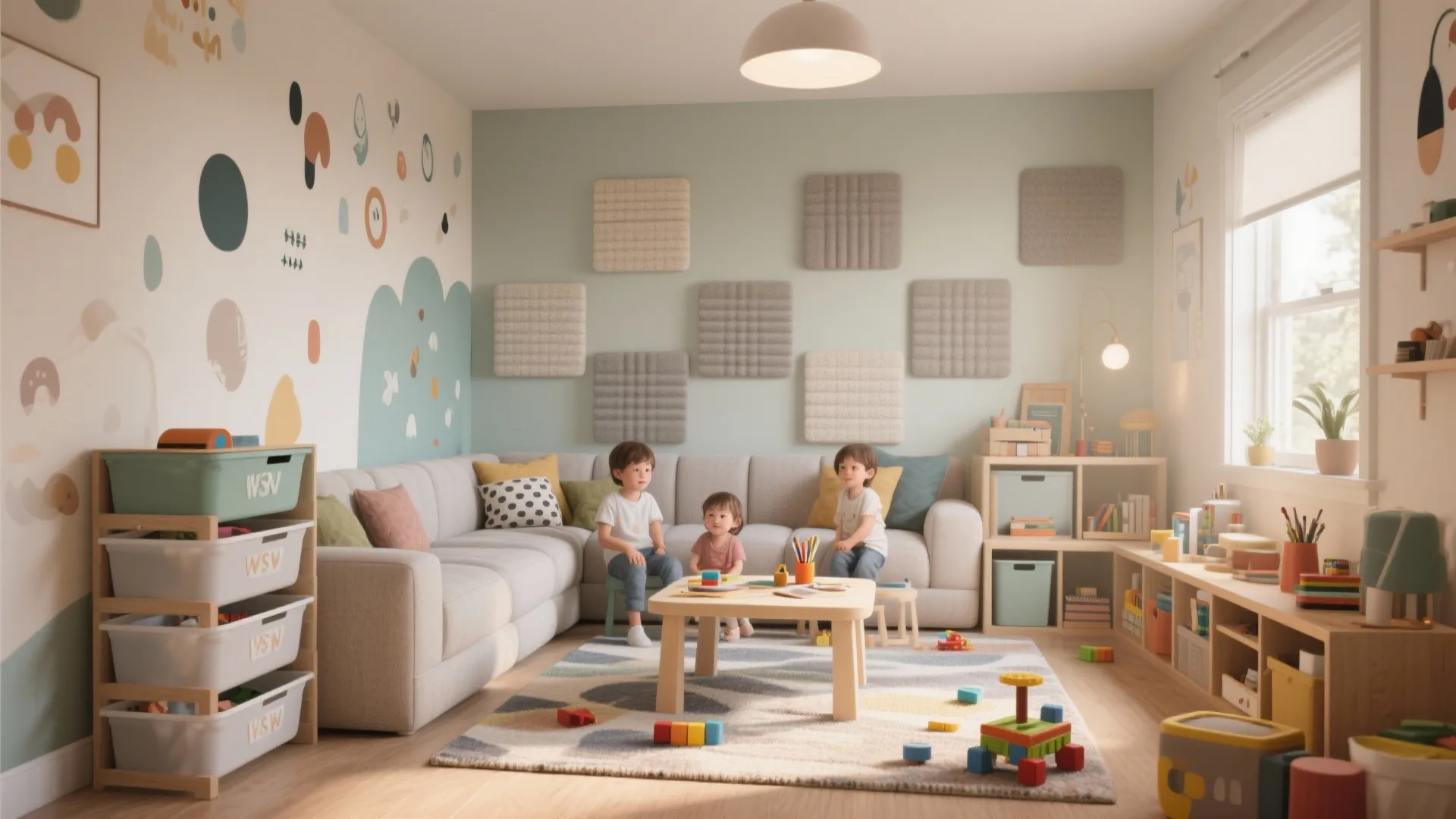 Colorful kids playroom with grey sofa wooden table storage bins wall art and ceiling light