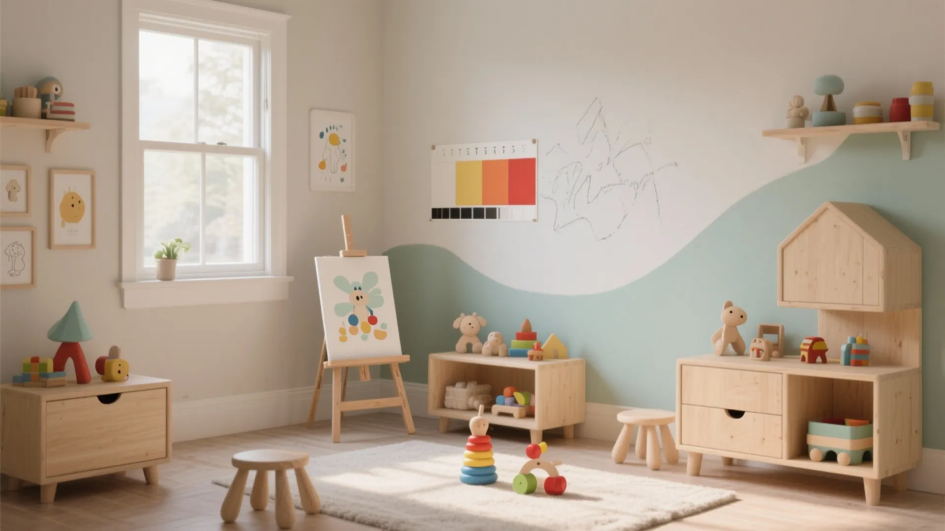 Bright playroom featuring wavy blue wall paint wooden toys an easel and white floor rug