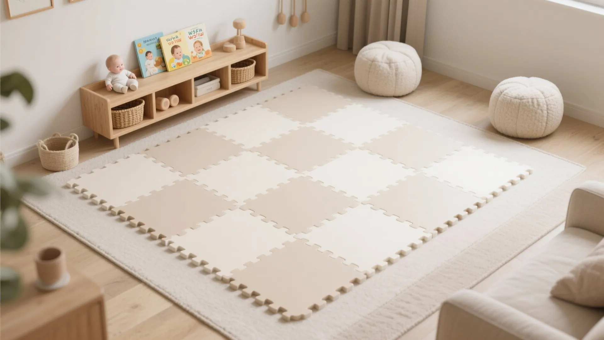 Floor-Safe Play Zone with Soft Tiles and a Low Shelf