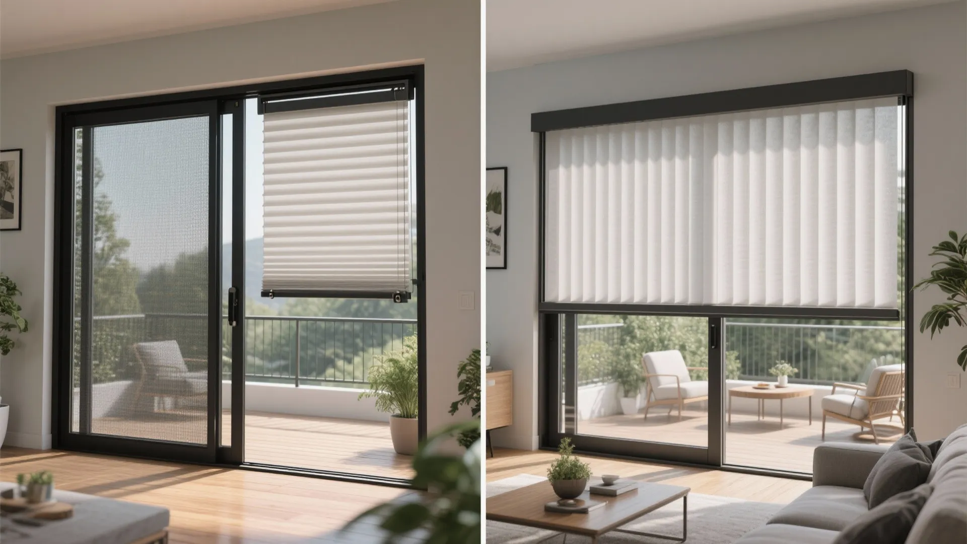 Comparison of two different white window curtain styles on sliding doors in a bright room