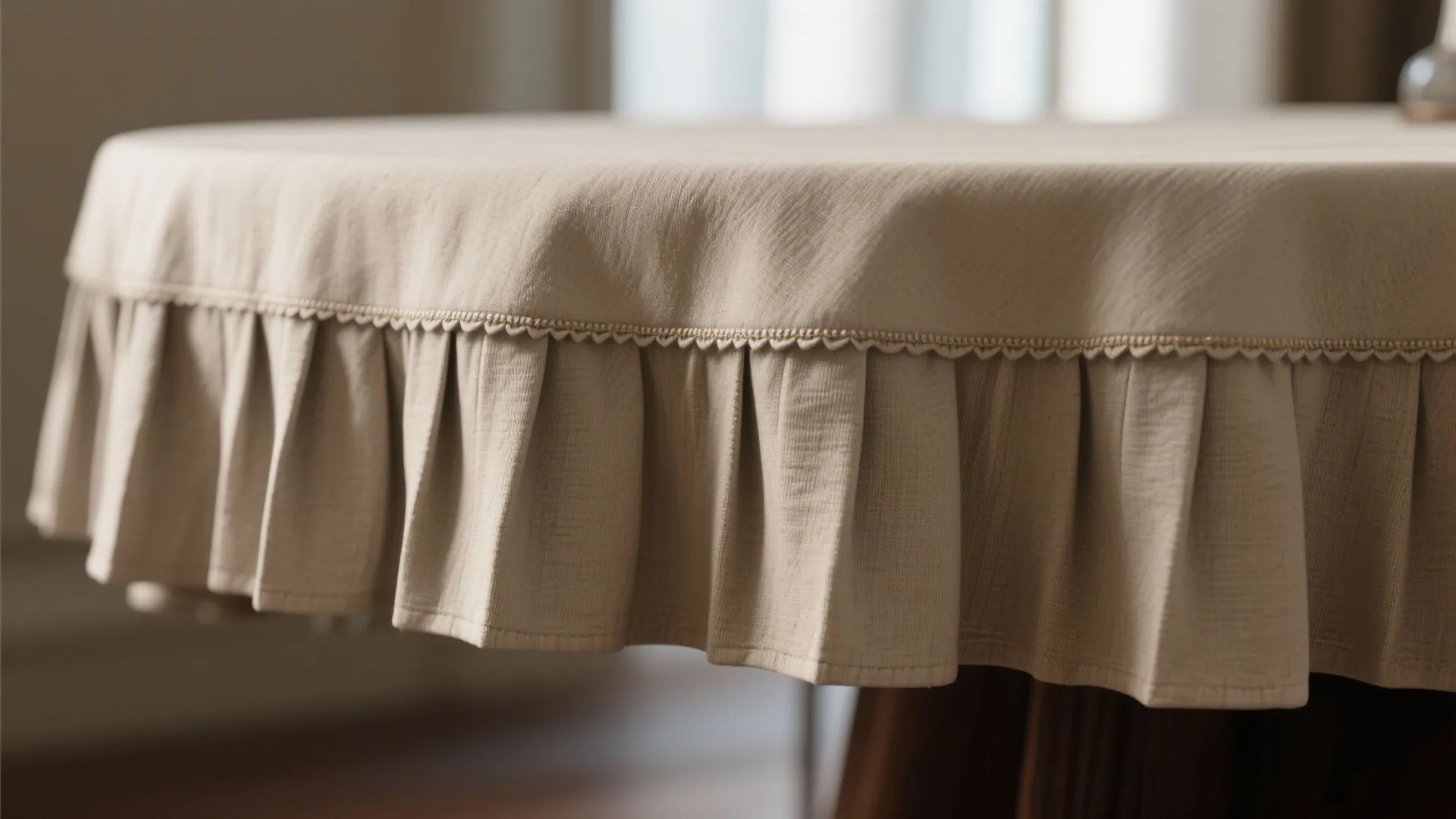 Close up of a beige round tablecloth with a decorative pleated hem and small detailed stitching