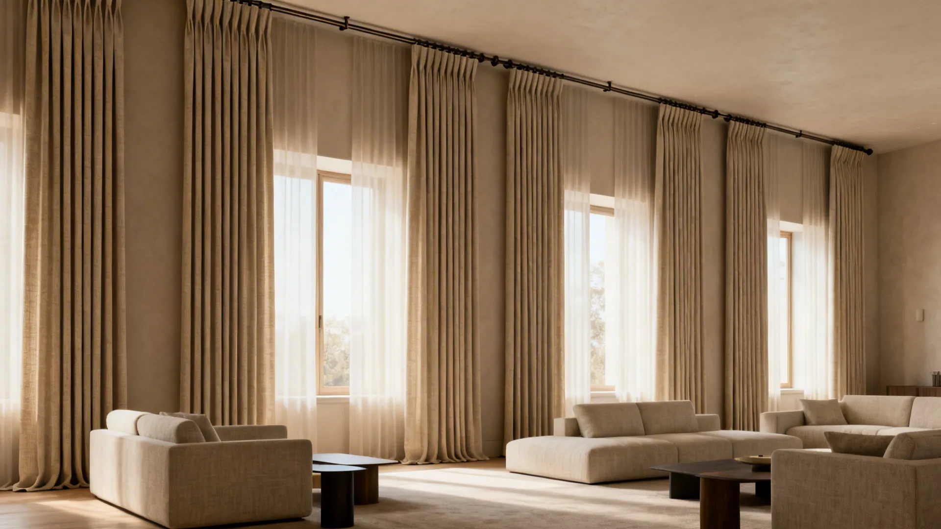 Living room showing pleated drapes hung close to the ceiling to emphasize vertical height and elegance.