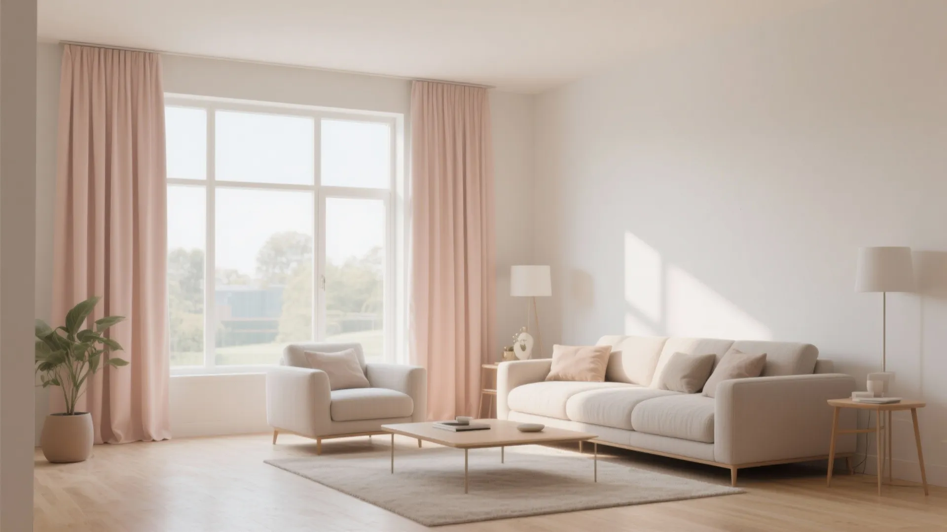 Modern living room with pleated shades matching wall color