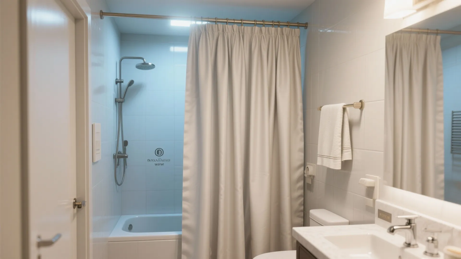 Modern bathroom featuring beige pleated shower curtain over bathtub with chrome shower head and white walls