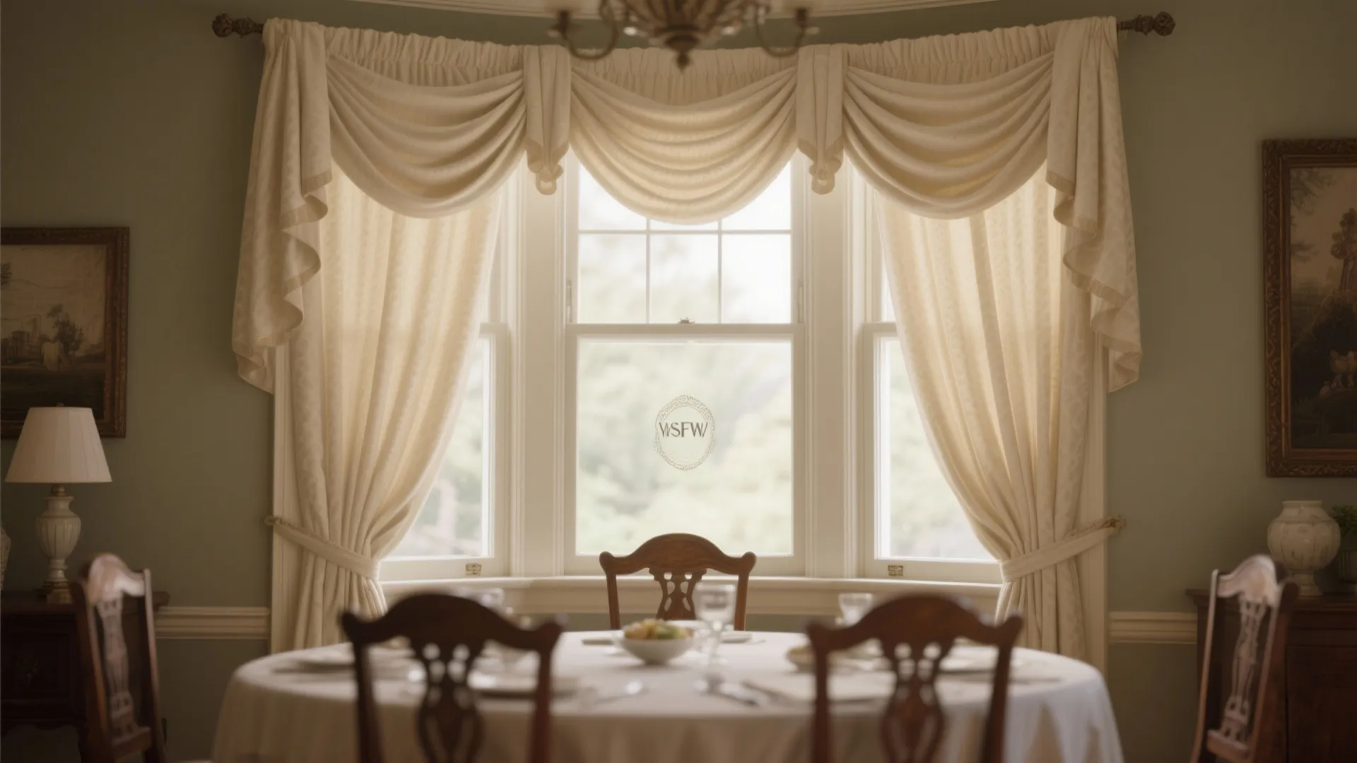 Elegant dining area featuring a round table wooden chairs and classic cream curtains on large windows