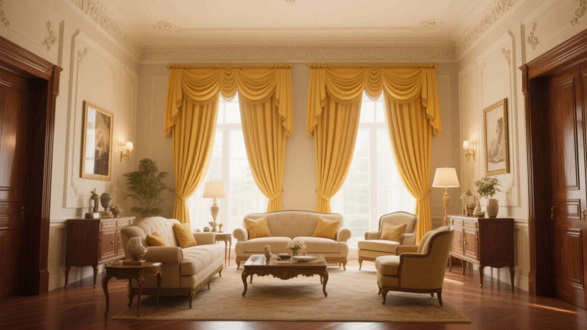 Classic living room with yellow curtains white sofas wooden cabinets wall lights and decorative wall panels