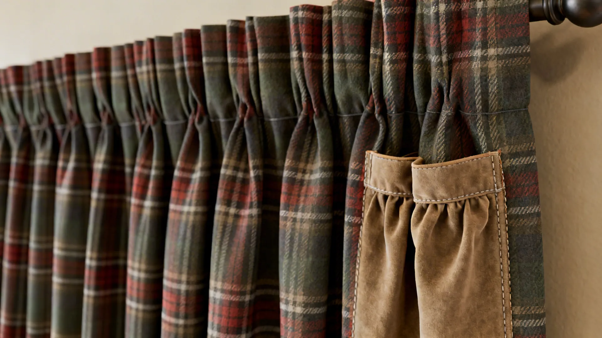 Close-up of tailored pleat and casual panel buffalo plaid curtain details