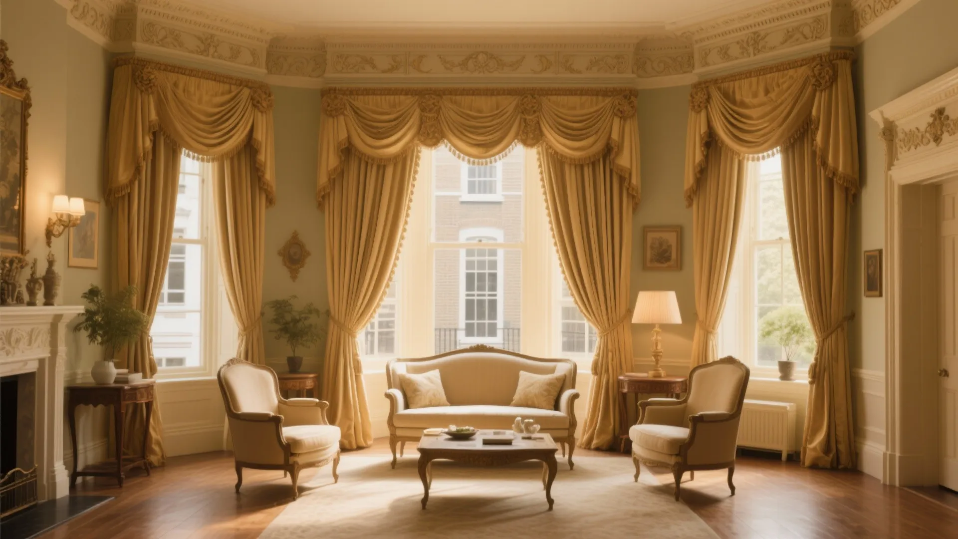 Pleated drapes with a valance in a heritage townhouse