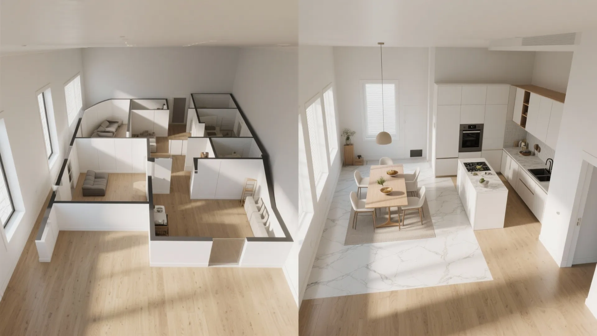 Side-by-side comparison of a 3D room layout design and a finished modern kitchen dining area