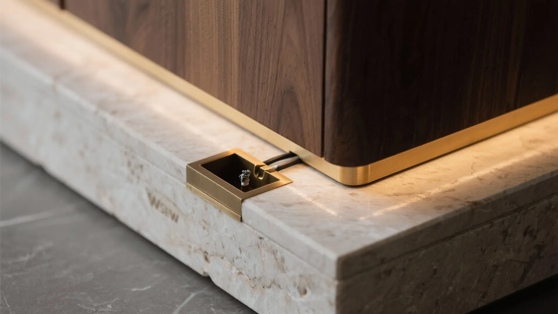 Detailed view of a wooden cabinet base with brass trim sitting on a marble floor block