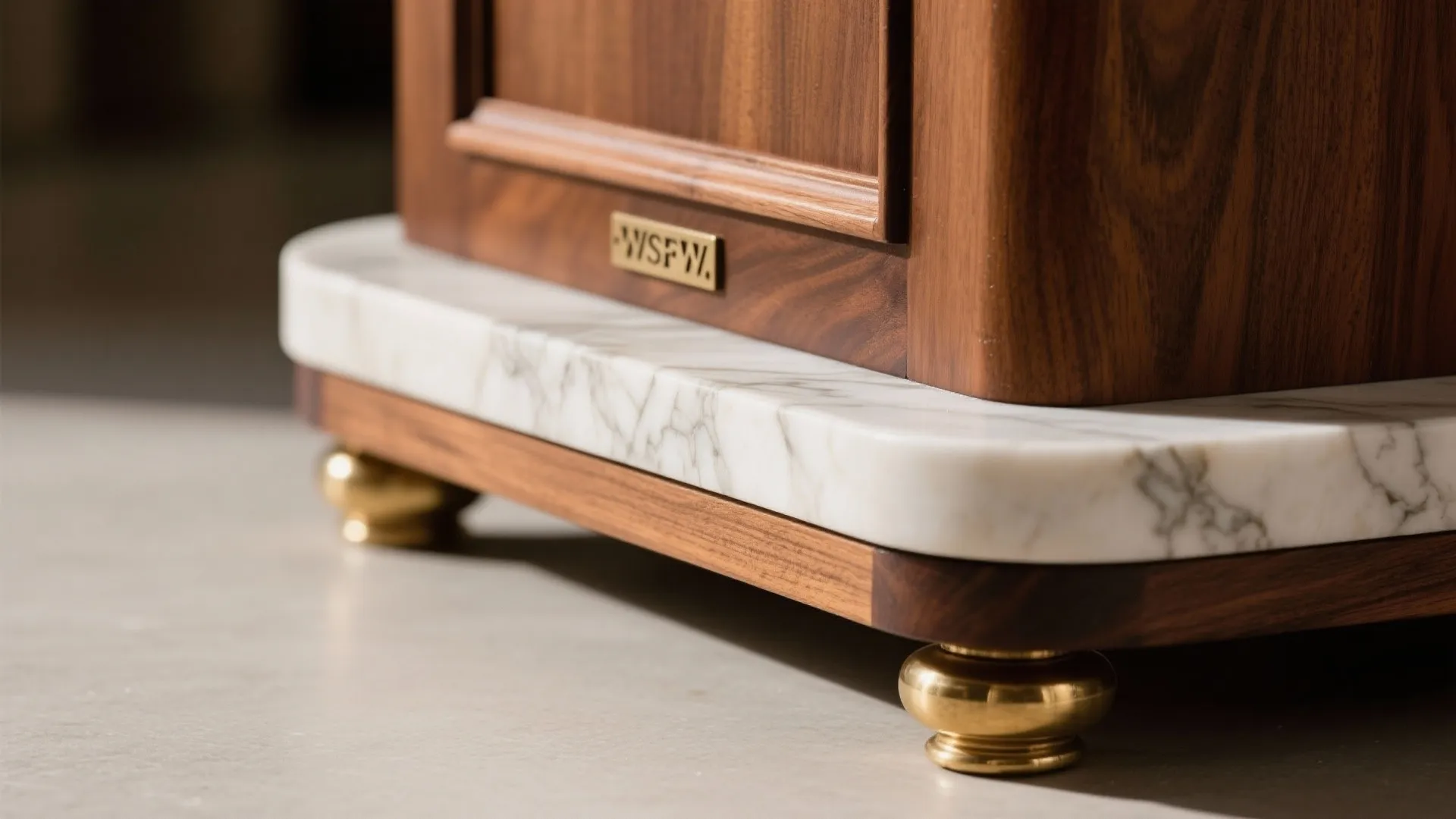 Close up of a wooden cabinet base with white marble top and gold metal feet