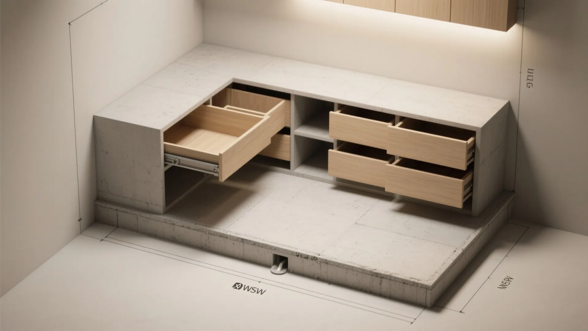 Polished cement plinth with concealed storage