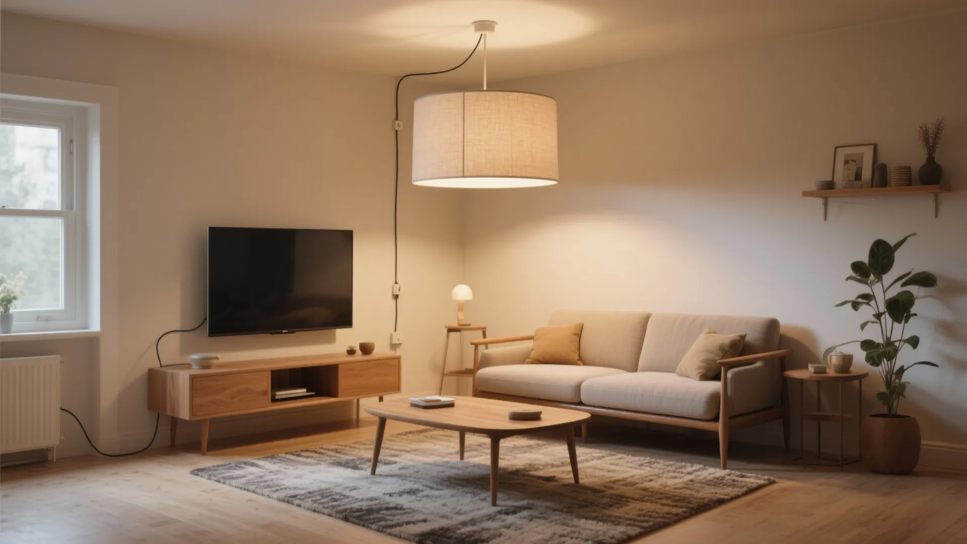 Minimalist living room with wooden furniture a large ceiling light and a television on wall