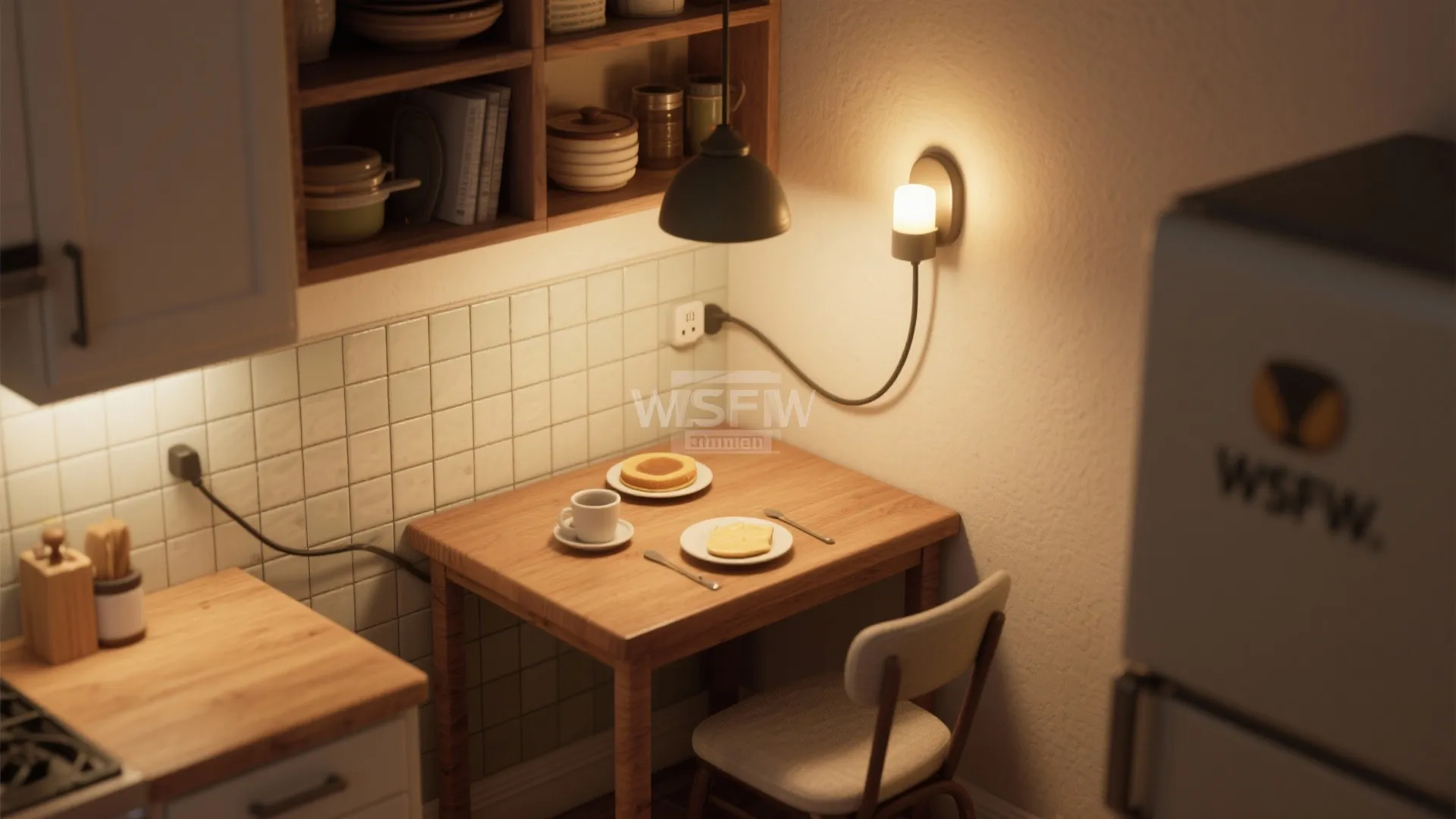 Kitchen dining nook with wooden table white chair wall light and black pendant light fixture