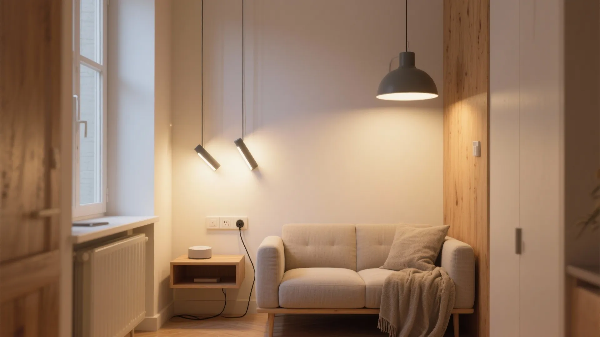 Modern small living room with beige sofa, wooden side table, hanging ceiling lights, and window