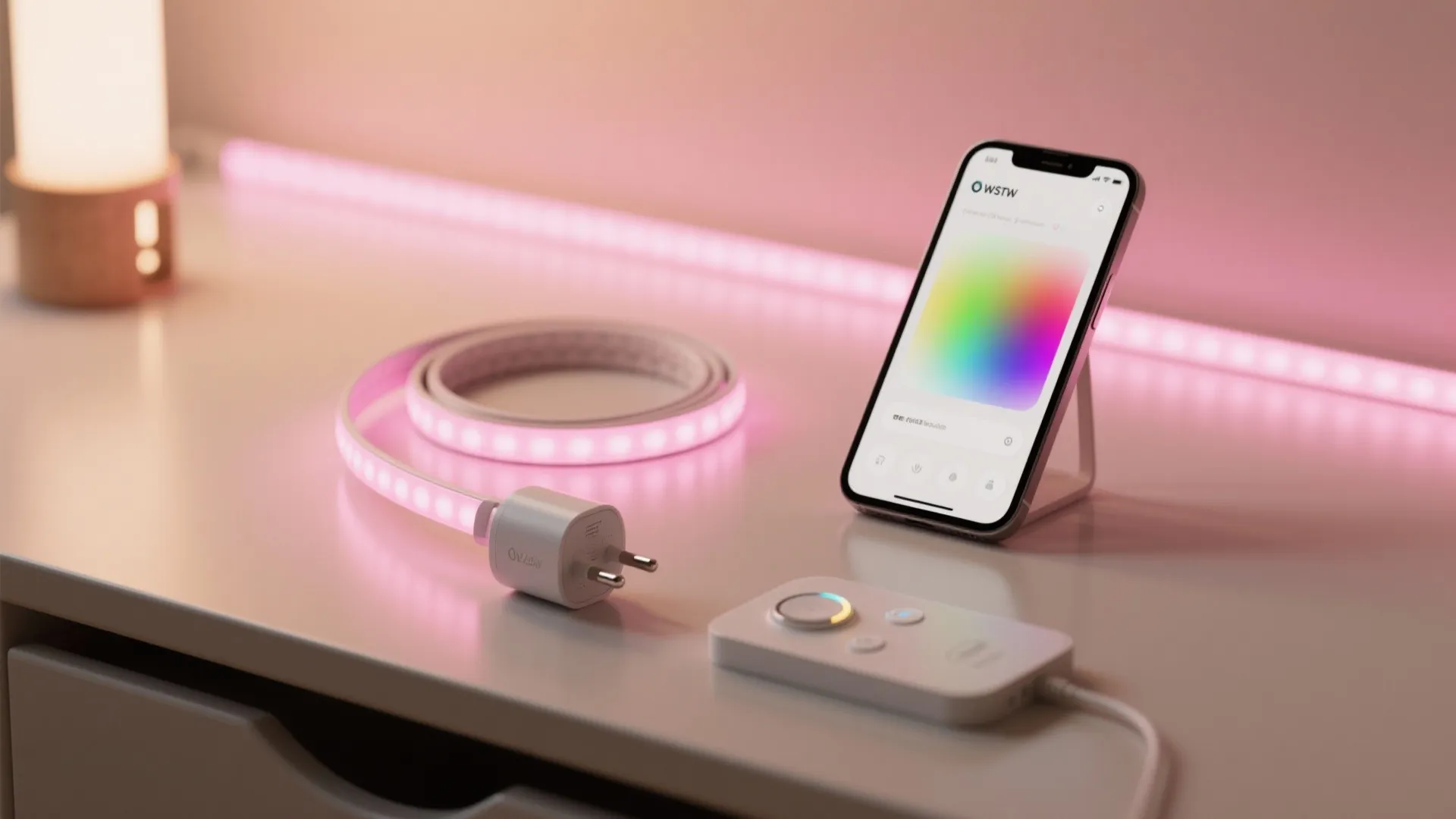 Plug-in LED strips and smart controller on a tabletop with a phone showing pink color presets.