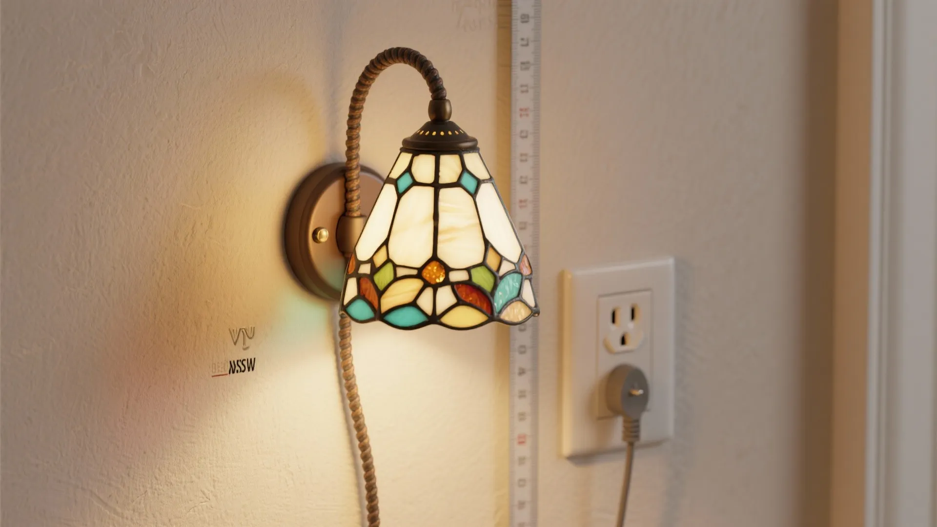 Portable plug-in stained glass wall light displayed with decorative cord cover and outlet