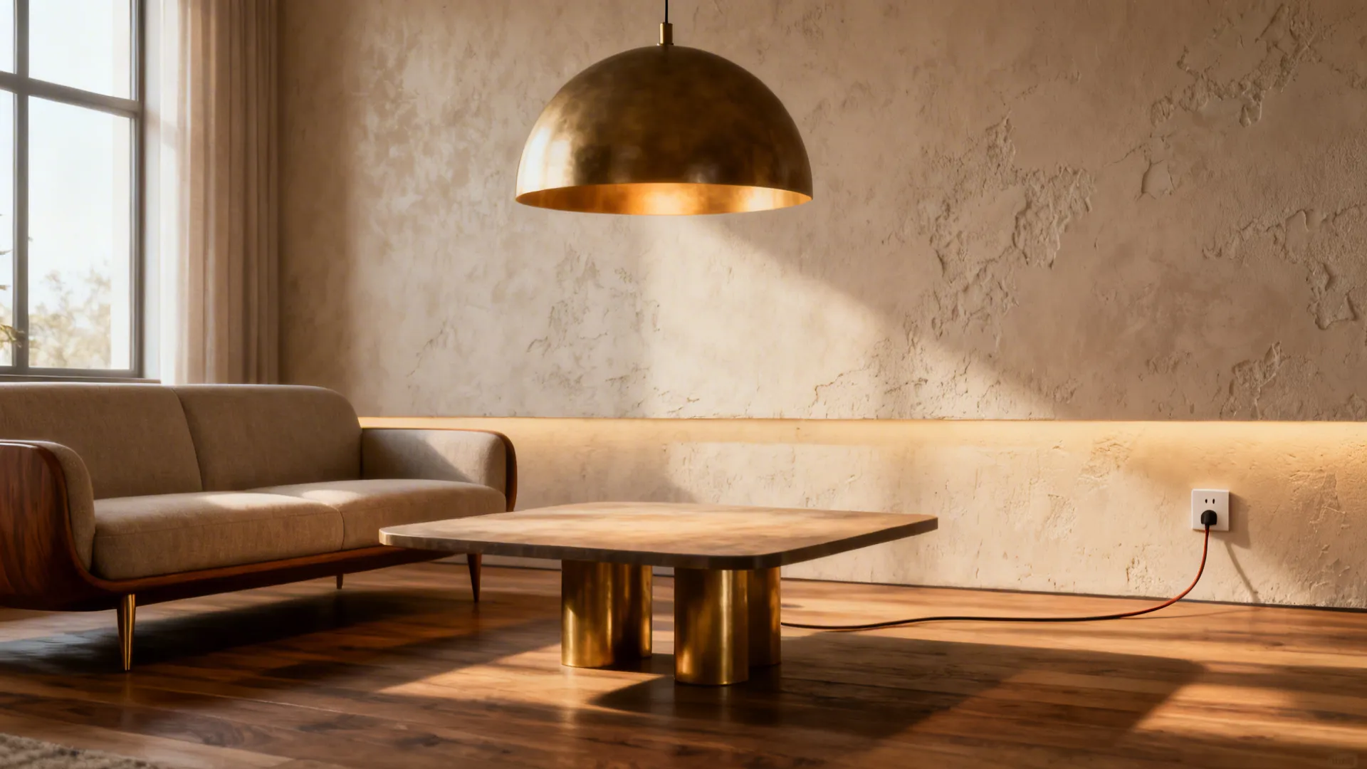 Modern living room with gold ceiling light, square coffee table, grey sofa, and textured walls