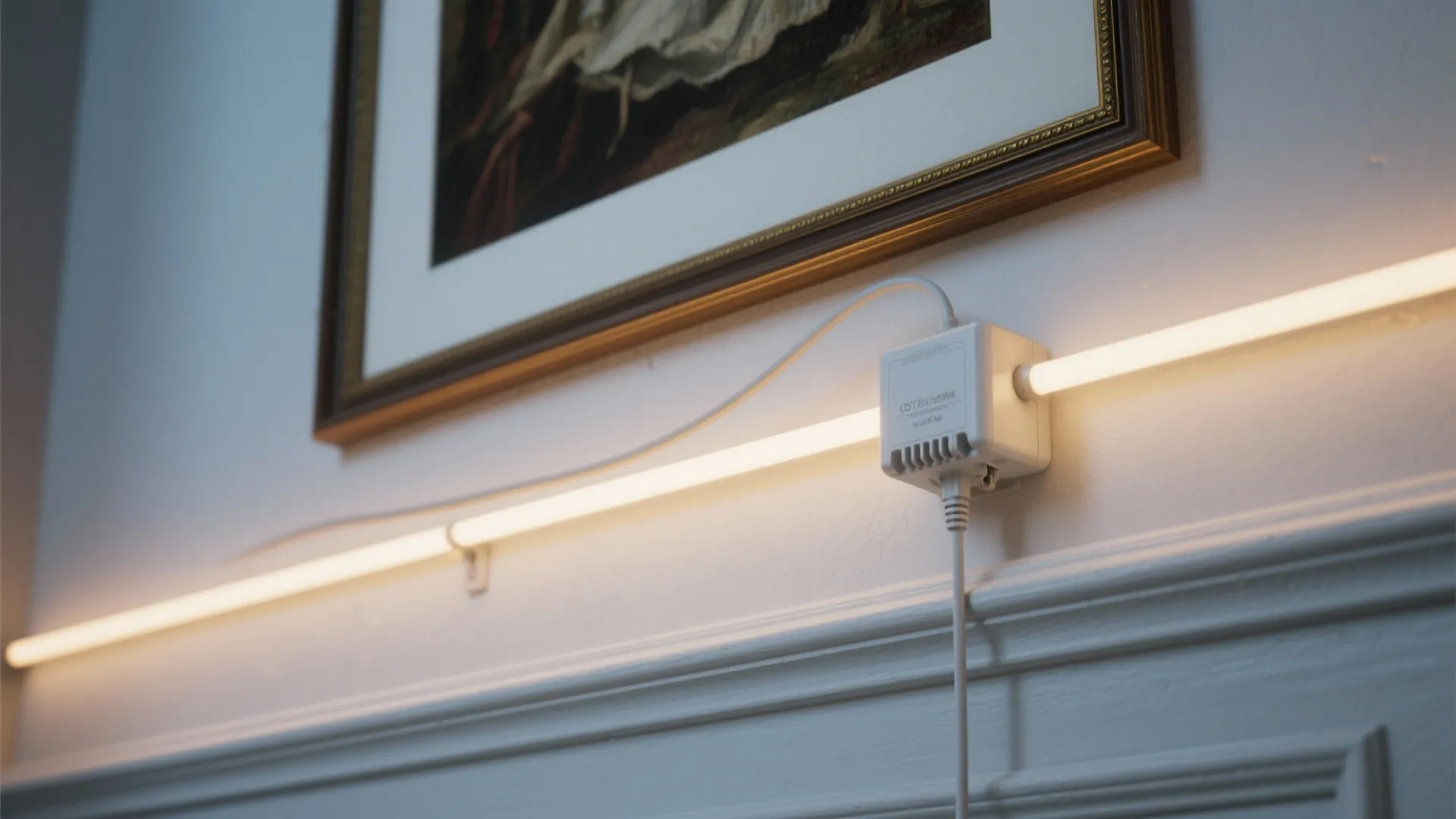 Plug-in picture light with cord routed along trim and painted to match the wall, giving a clean look.