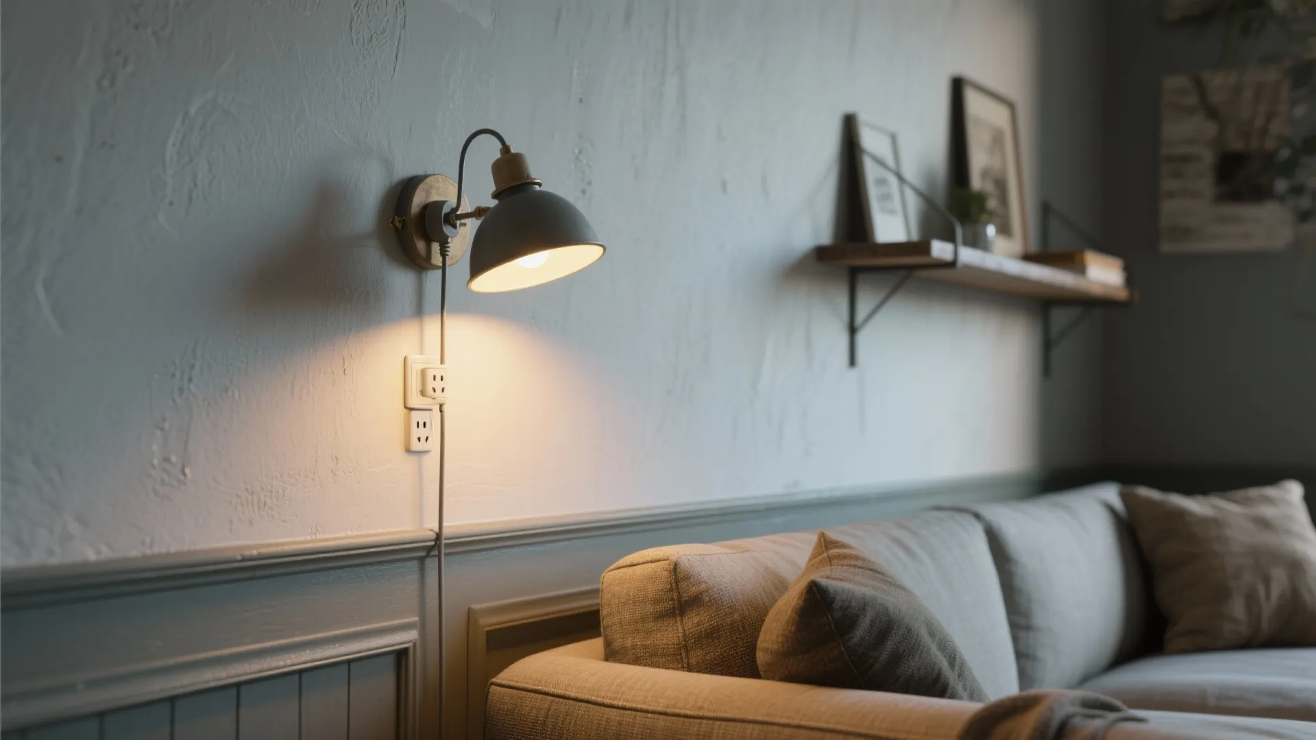 Plug-in wall sconce with paintable cord cover lighting a sofa reading nook.