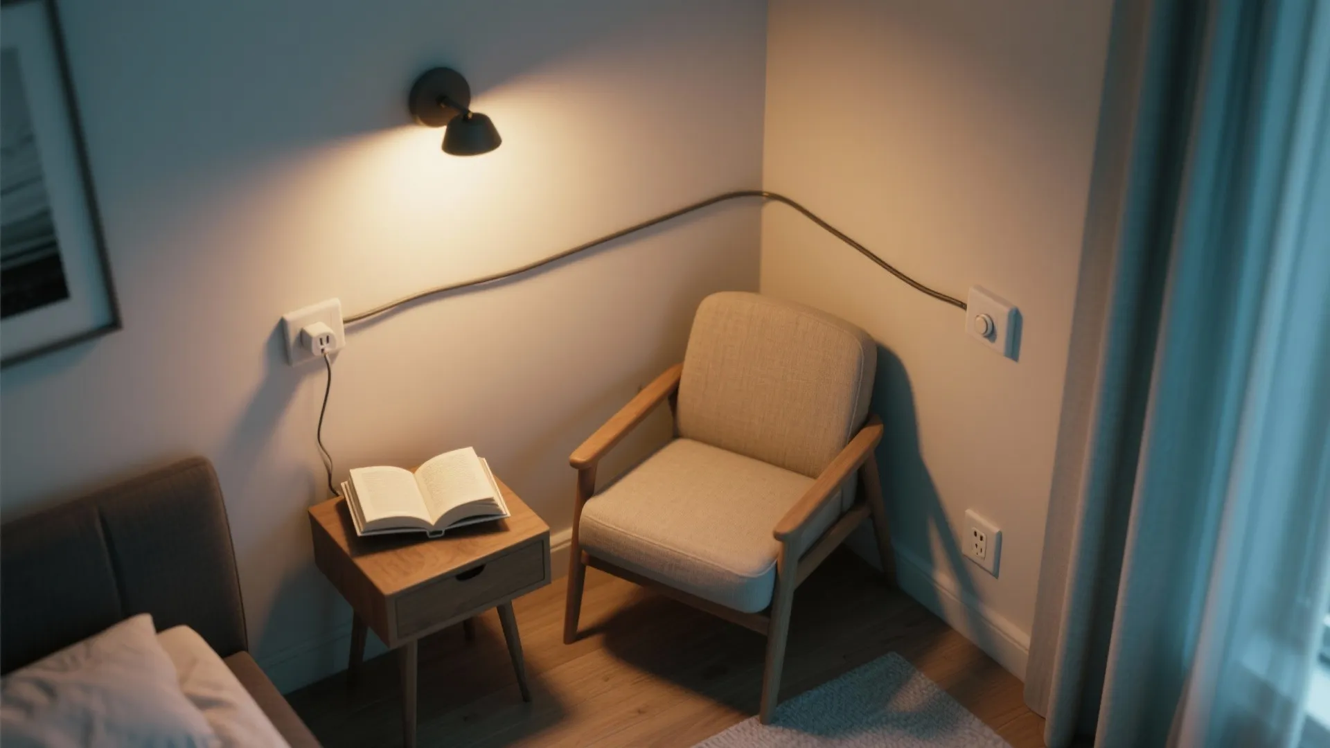 Top-down view of plug-in sconce with cord channel beside a reading chair and dimmer