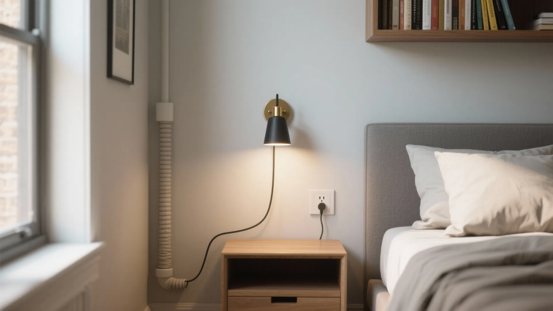 Black wall light plugged into an outlet above a wooden nightstand in a modern bedroom