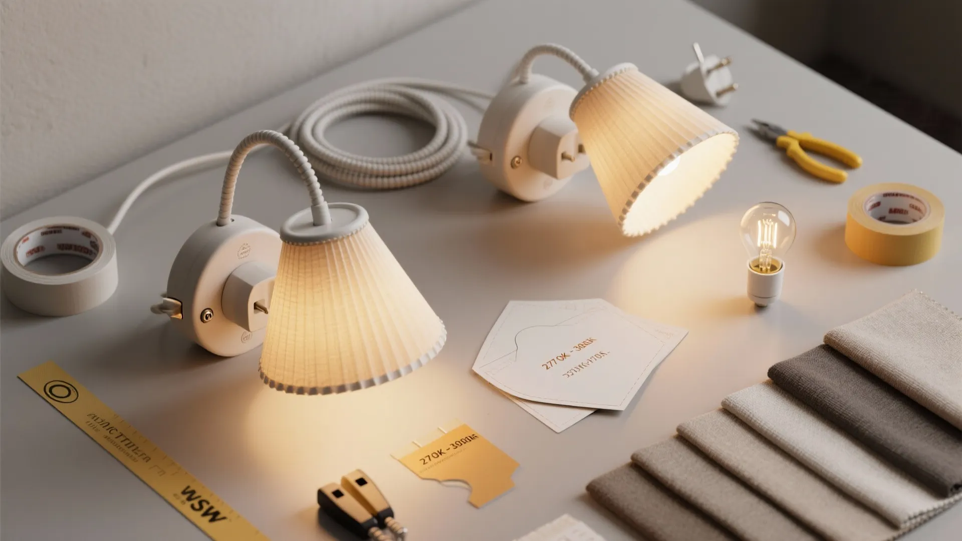 Two white wall lights with pleated shades on a table with tools and fabric samples