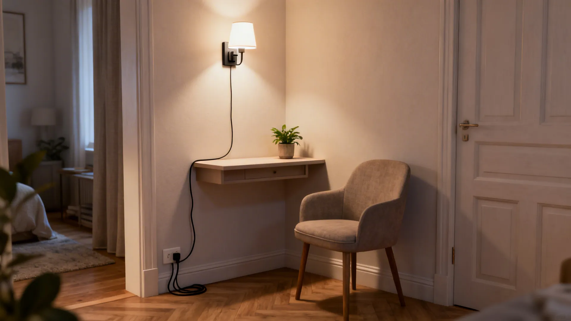 Cozy reading nook featuring a wall light, wooden floating desk, small plant, and grey fabric chair