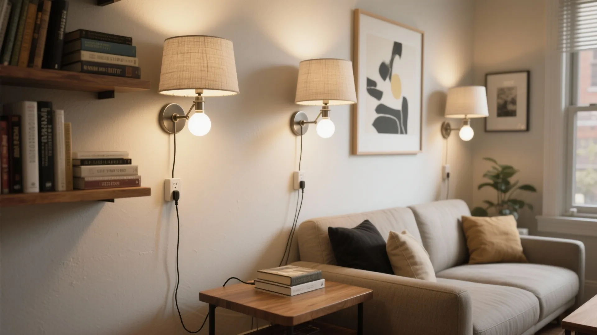 Modern living room featuring wall light fixtures mounted above a sofa and wooden side table