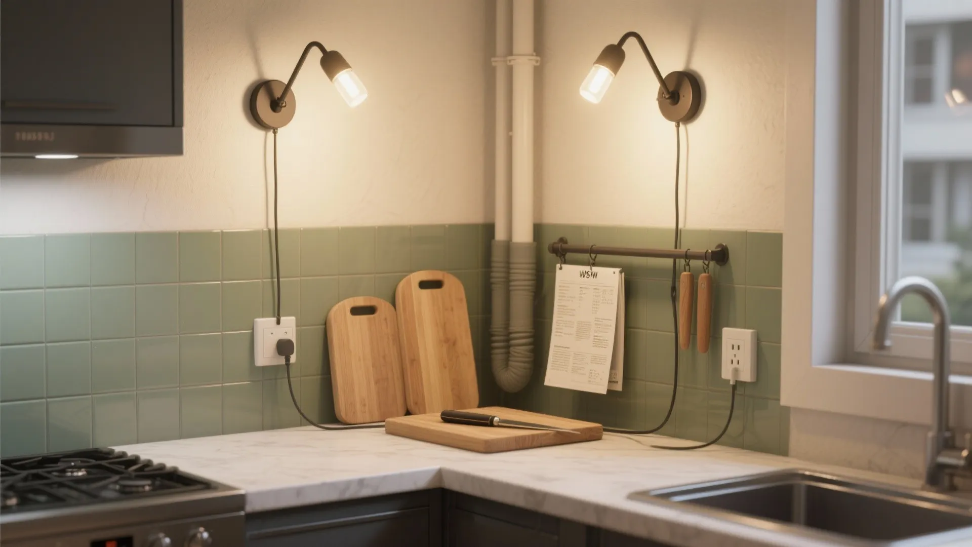 Small rental kitchen with plug-in wall sconces above the backsplash and tidy cable covers.
