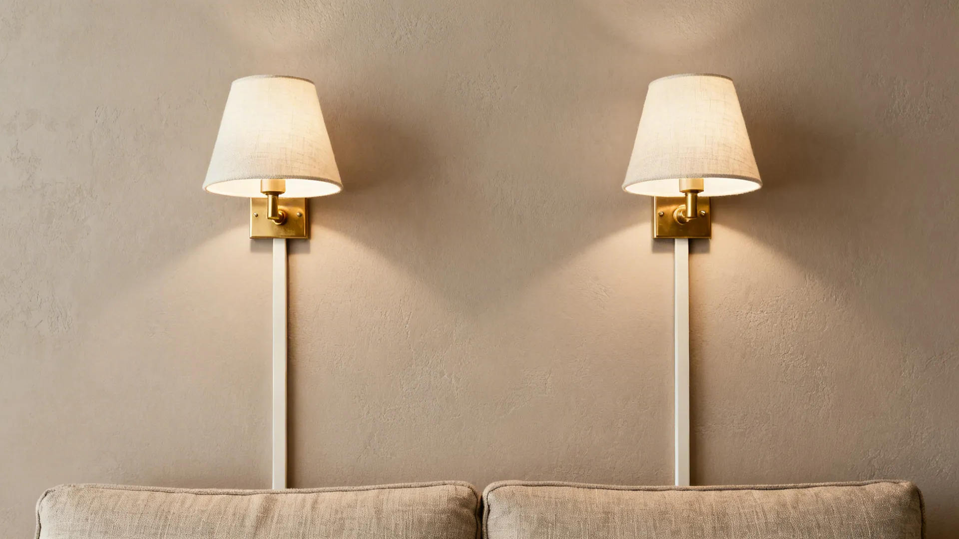 Plug-in wall sconces at eye level with painted cord covers creating soft, indirect glow in a living room.