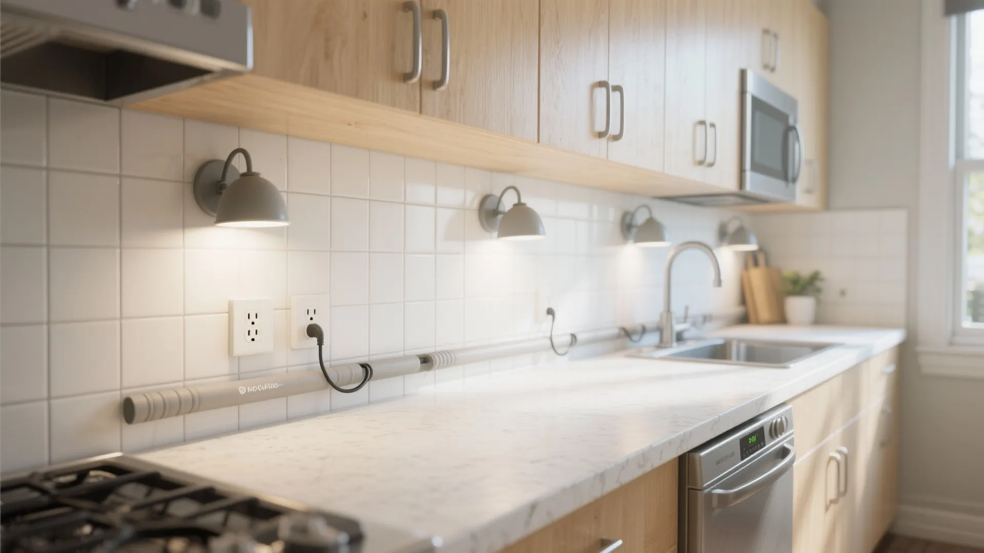 Modern kitchen with grey wall lights over white tiled backsplash and marble countertop with sink