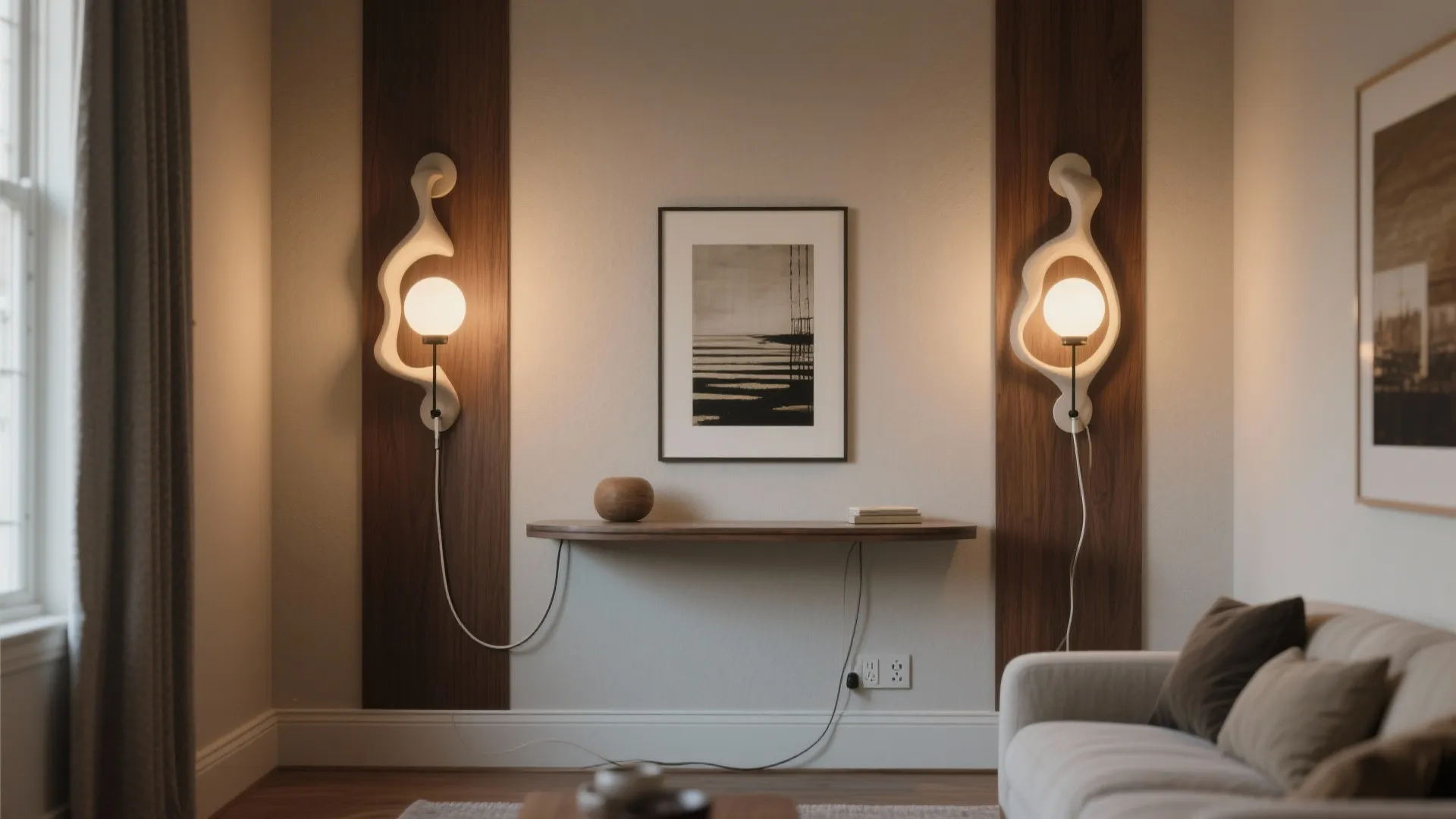 Sculptural plug-in sconces flank a console and artwork with cords routed discreetly.